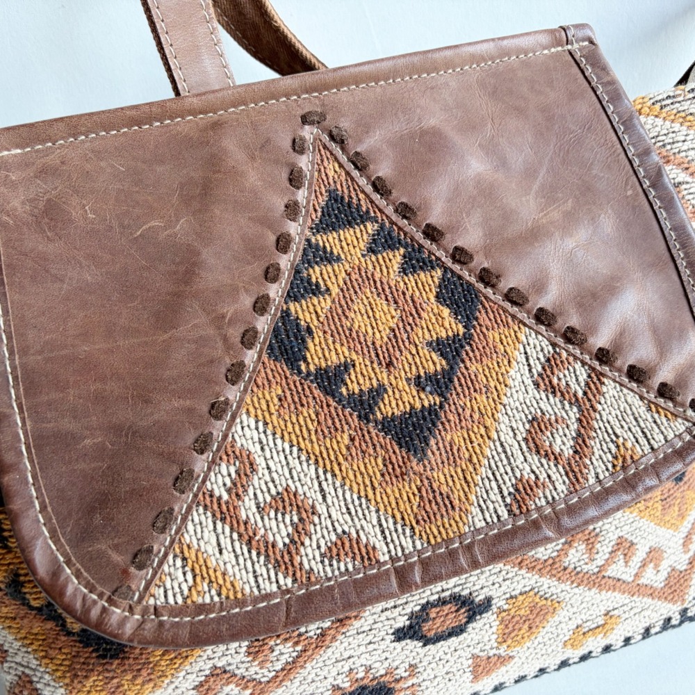 Myra Bag Terreous Backpack Bag Southwestern Canvas Leather Brown Geometric Boho - Picture 3 of 12